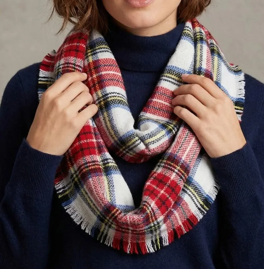 Ruggine Plaid Infinity Scarf with Fringe Red White Green Blue Yellow Acrylic